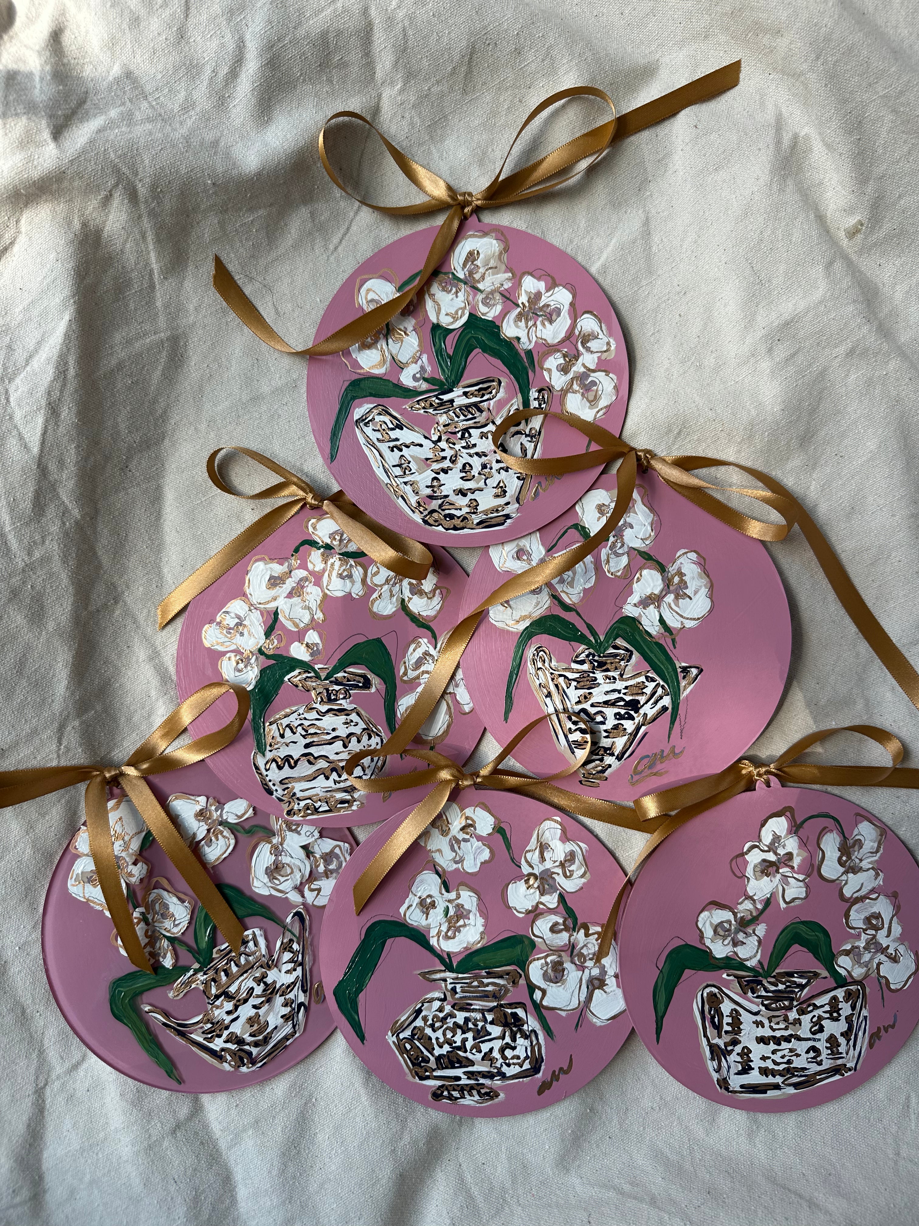 Hand-Painted Acrylic Orchid in Chinoiserie Ornament in Dusty Pink