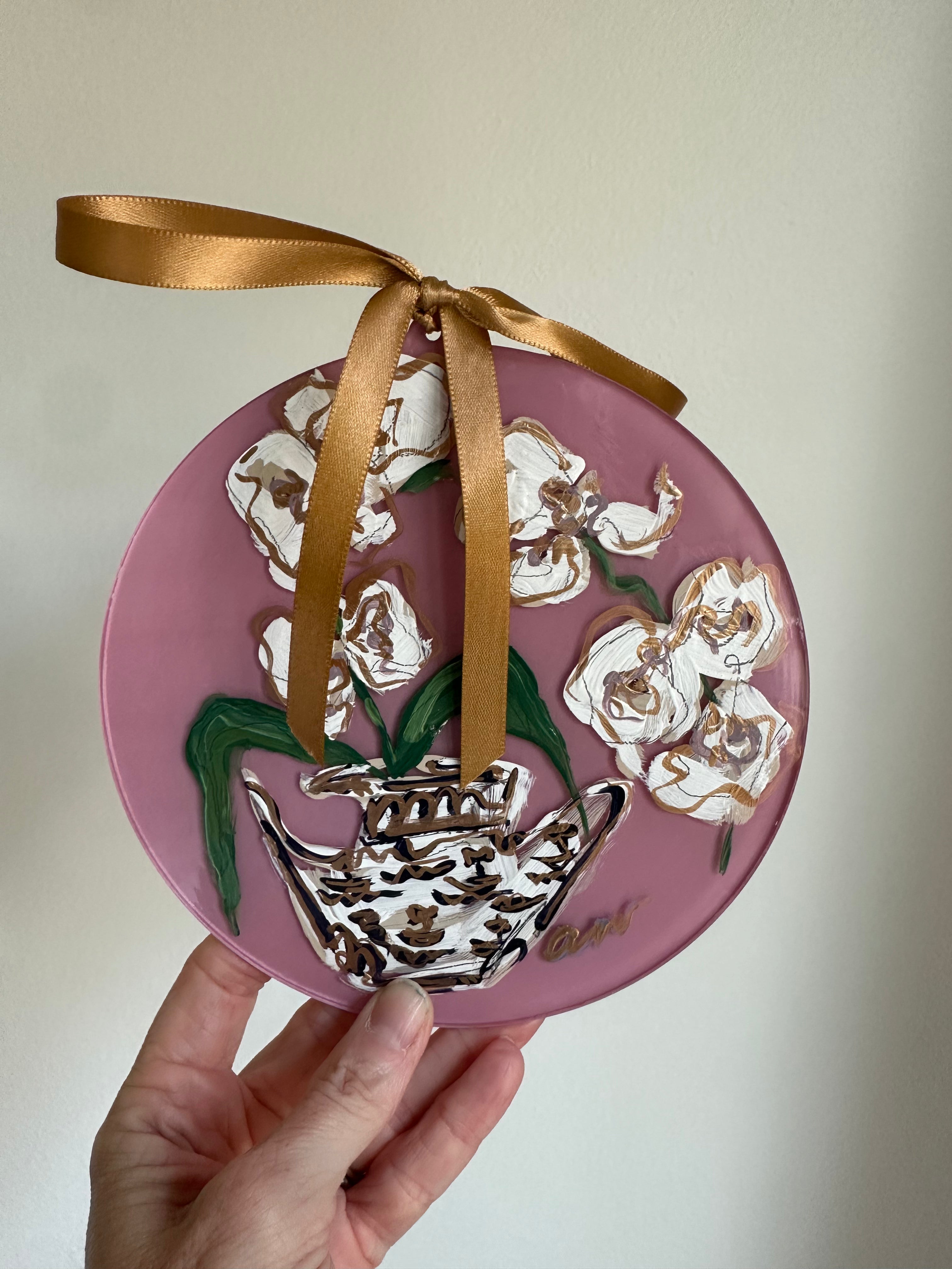 Hand-Painted Acrylic Orchid in Chinoiserie Ornament in Dusty Pink