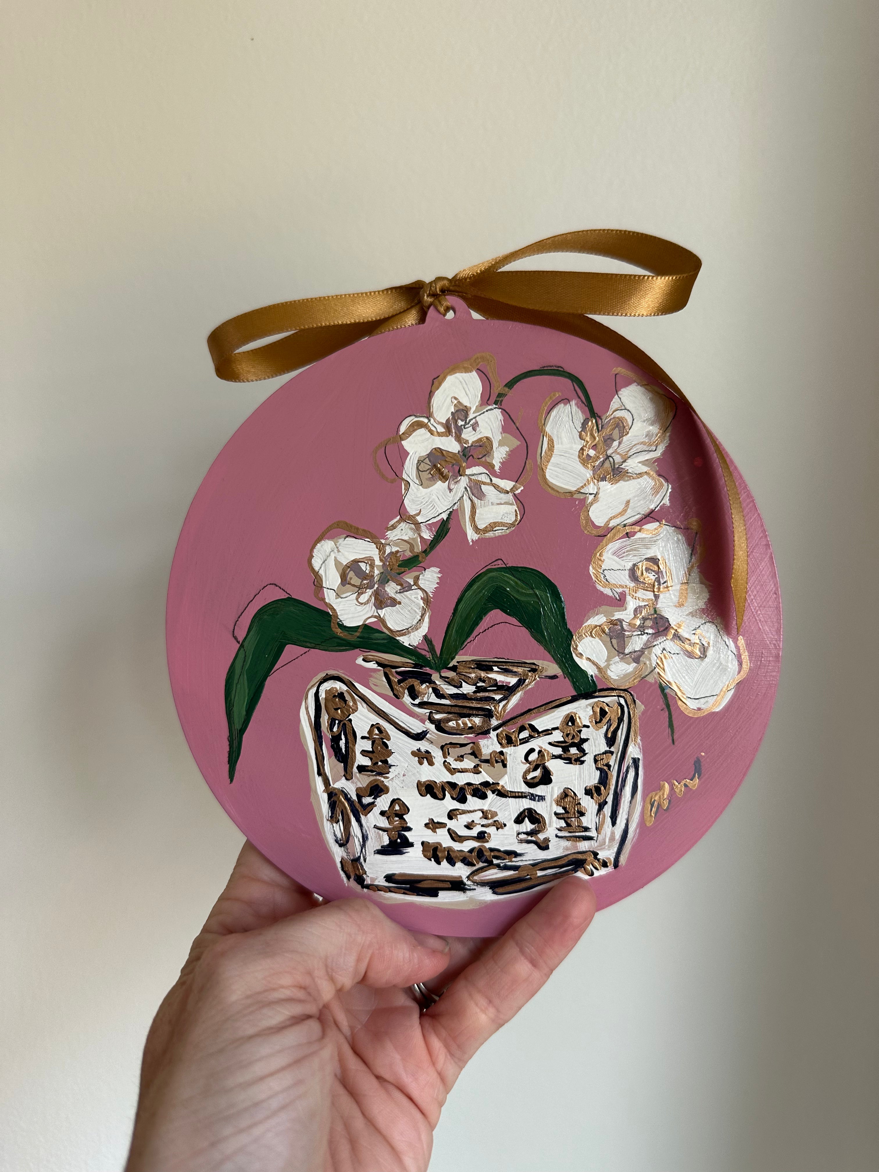 Hand-Painted Acrylic Orchid in Chinoiserie Ornament in Dusty Pink