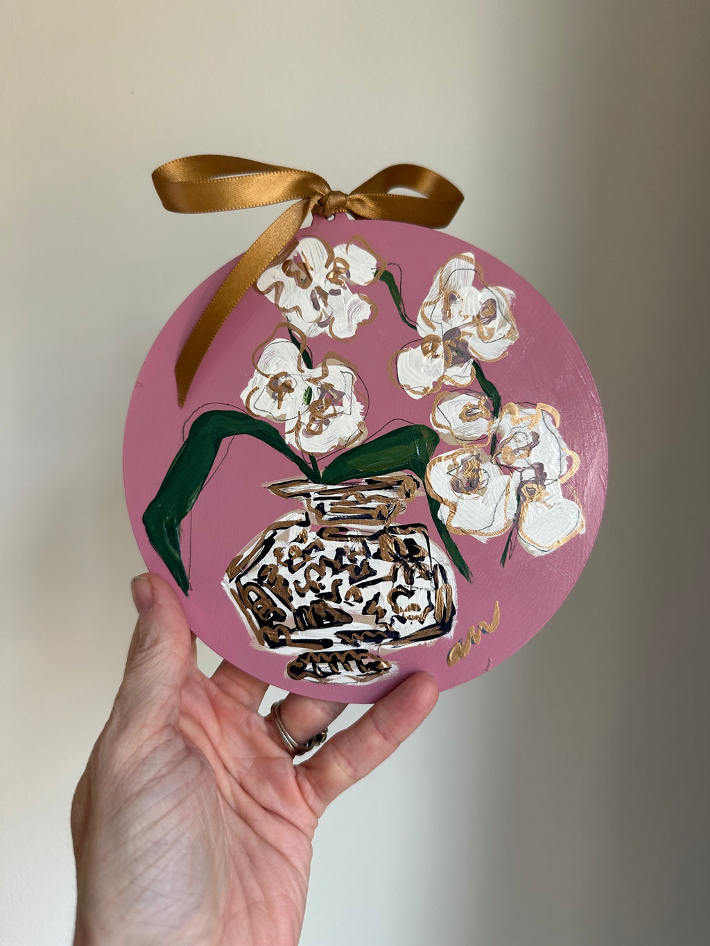 Hand-Painted Acrylic Orchid in Chinoiserie Ornament in Dusty Pink