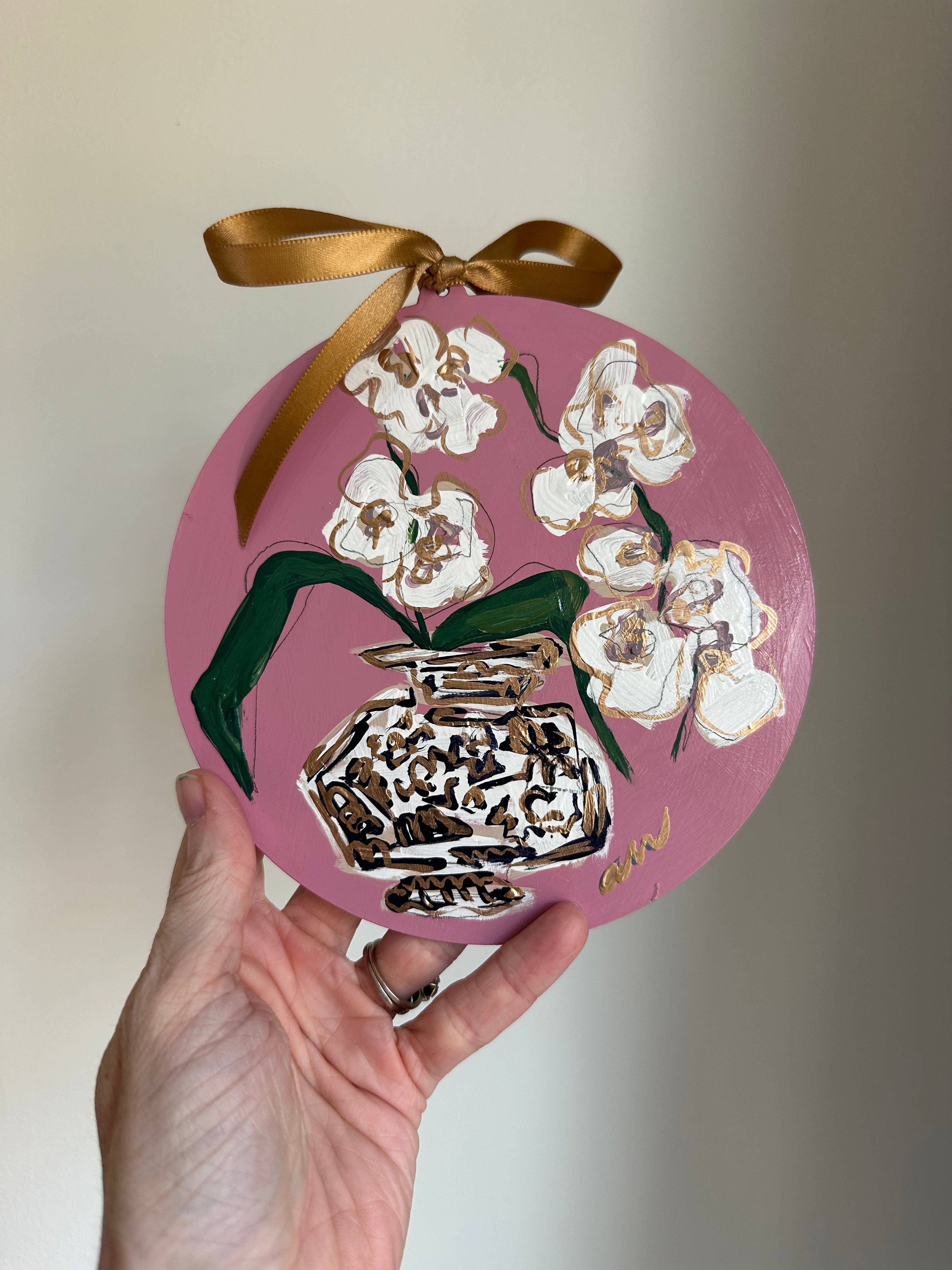 Hand-Painted Acrylic Orchid in Chinoiserie Ornament in Dusty Pink