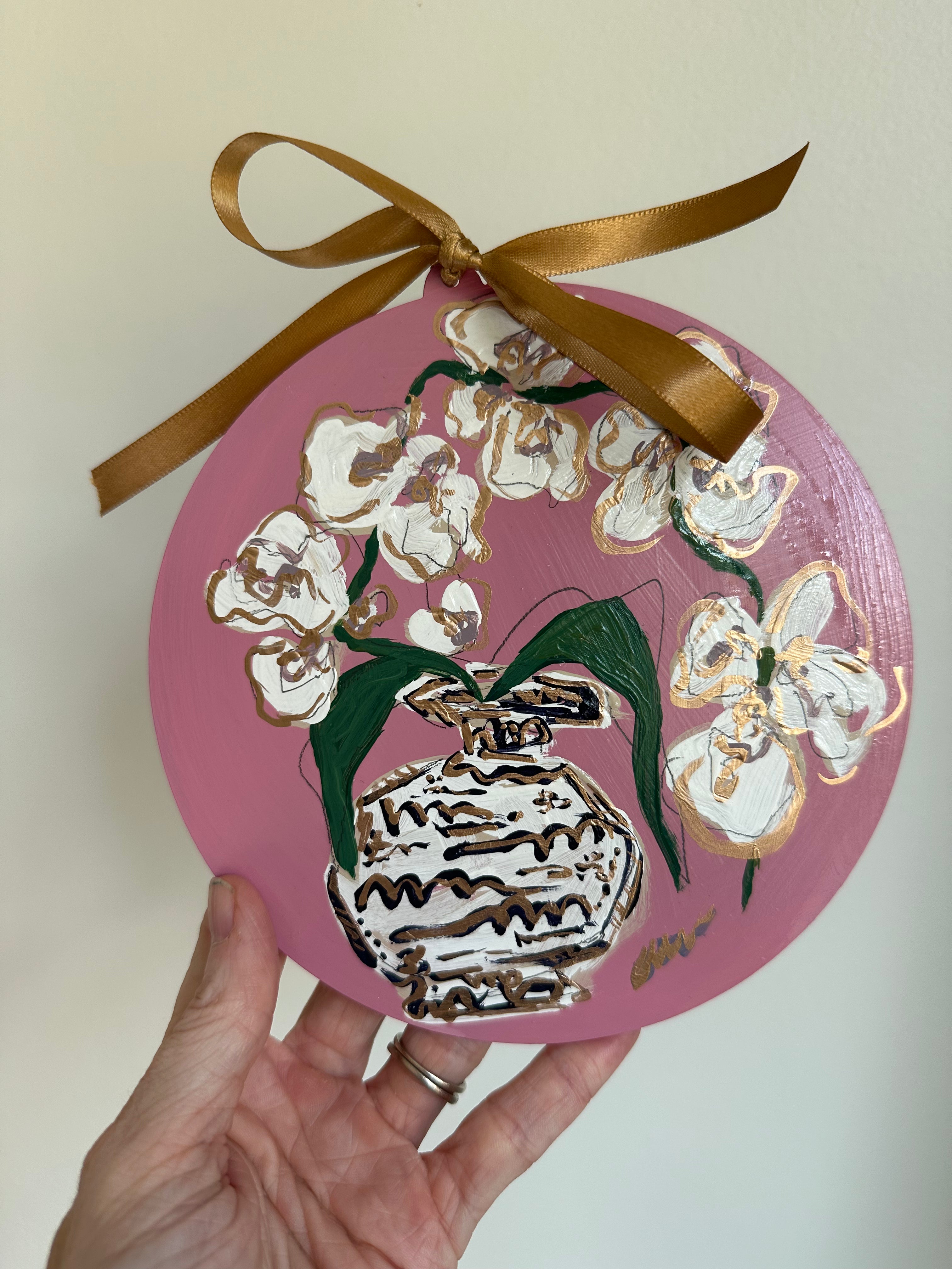 Hand-Painted Acrylic Orchid in Chinoiserie Ornament in Dusty Pink