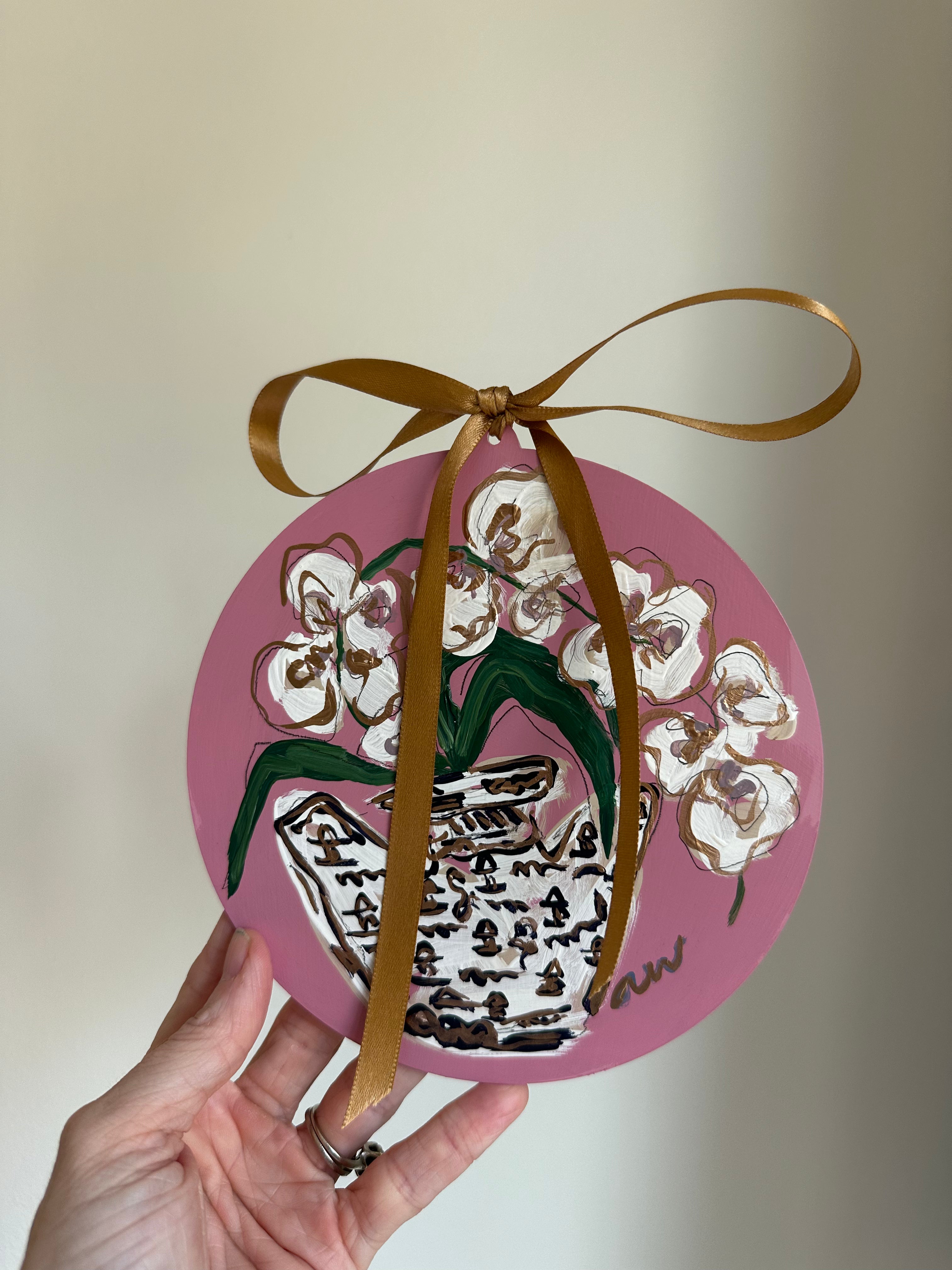 Hand-Painted Acrylic Orchid in Chinoiserie Ornament in Dusty Pink