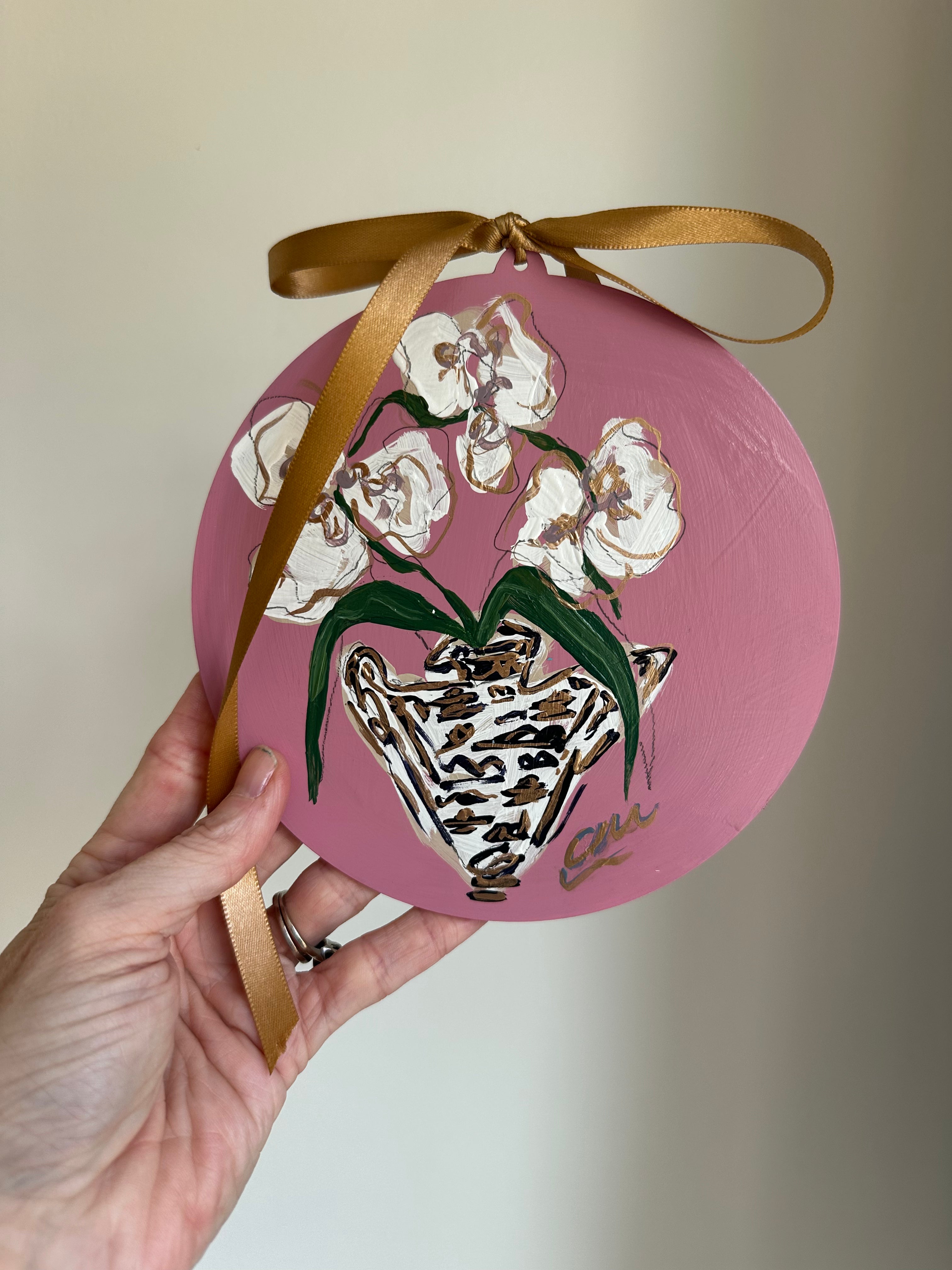 Hand-Painted Acrylic Orchid in Chinoiserie Ornament in Dusty Pink
