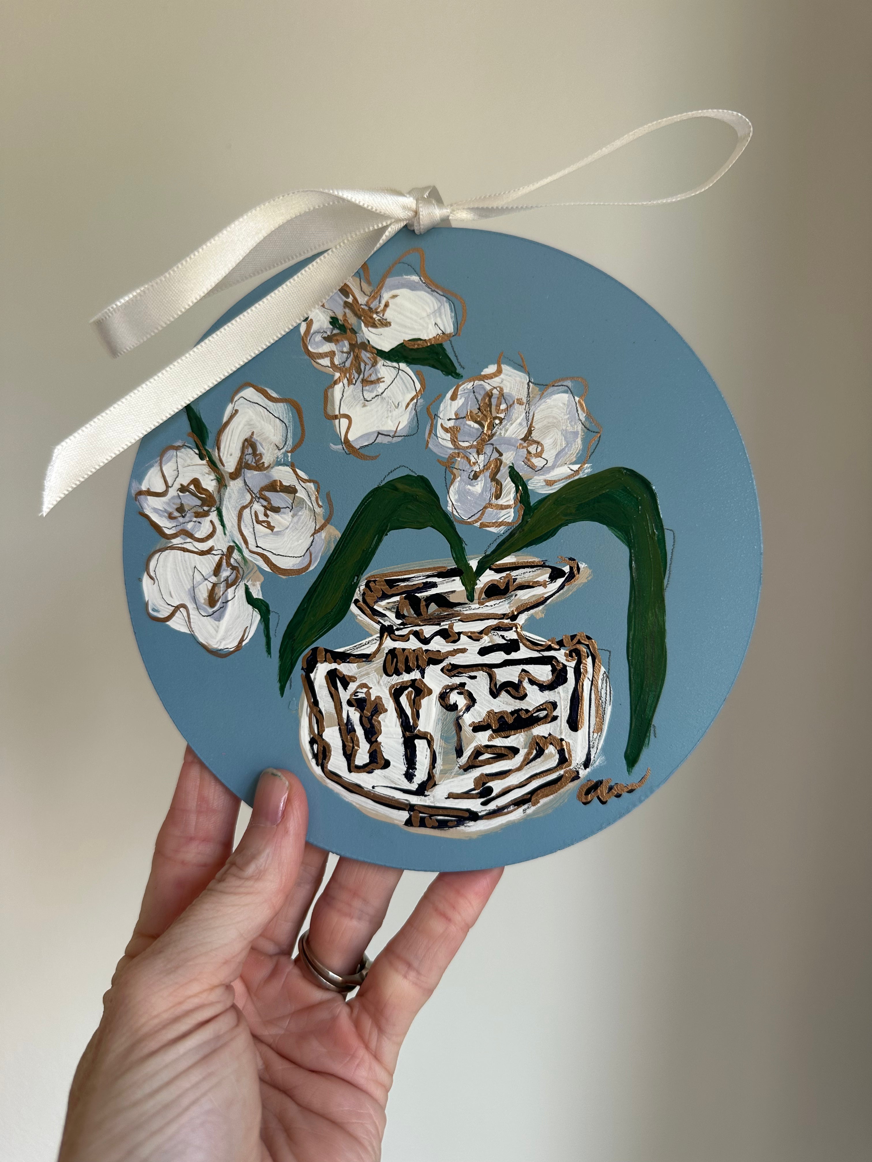Hand-Painted Acrylic Orchid in Chinoiserie Ornament in Dusty Blue