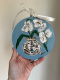Hand-Painted Acrylic Orchid in Chinoiserie Ornament in Dusty Blue