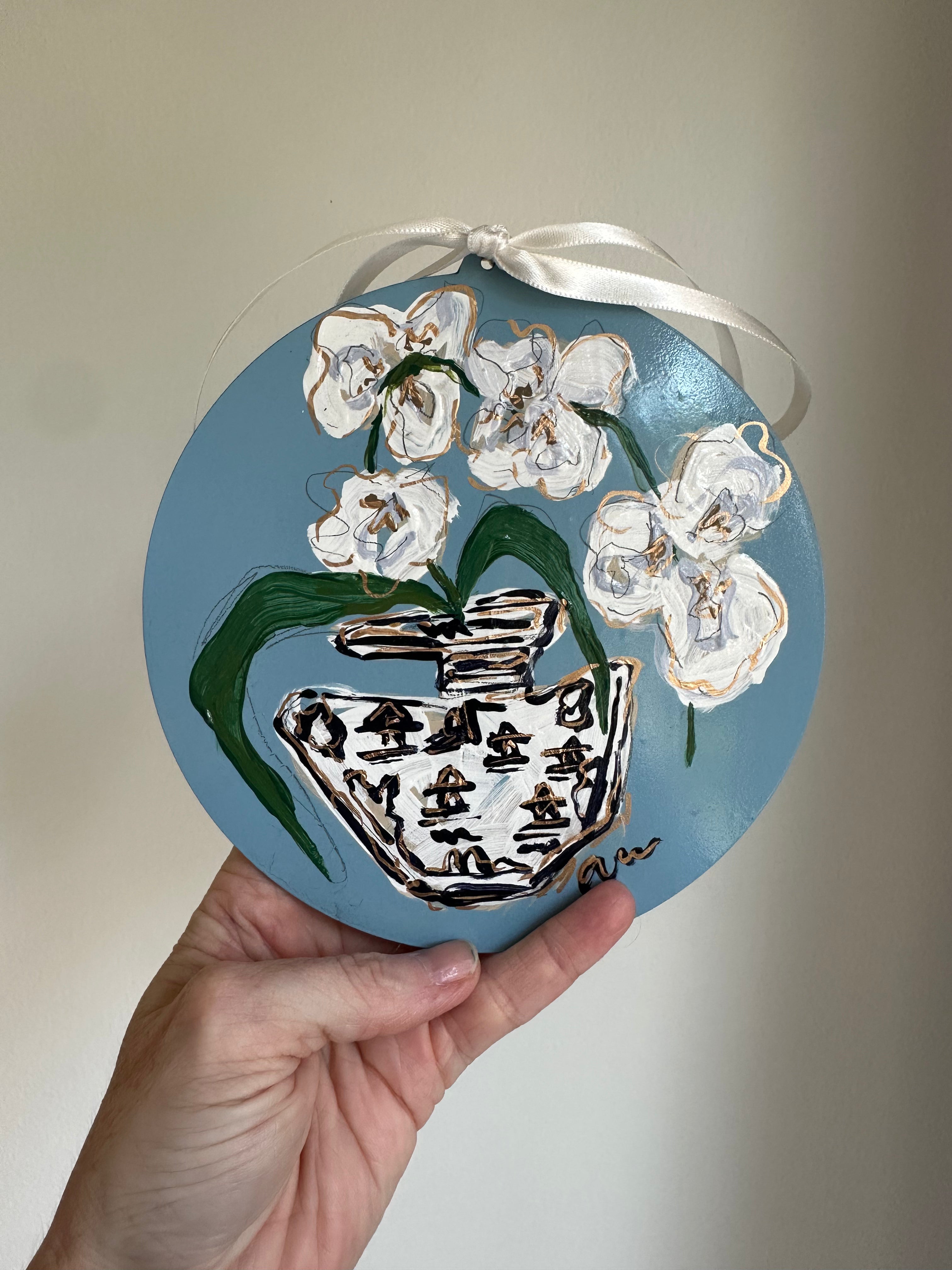 Hand-Painted Acrylic Orchid in Chinoiserie Ornament in Dusty Blue