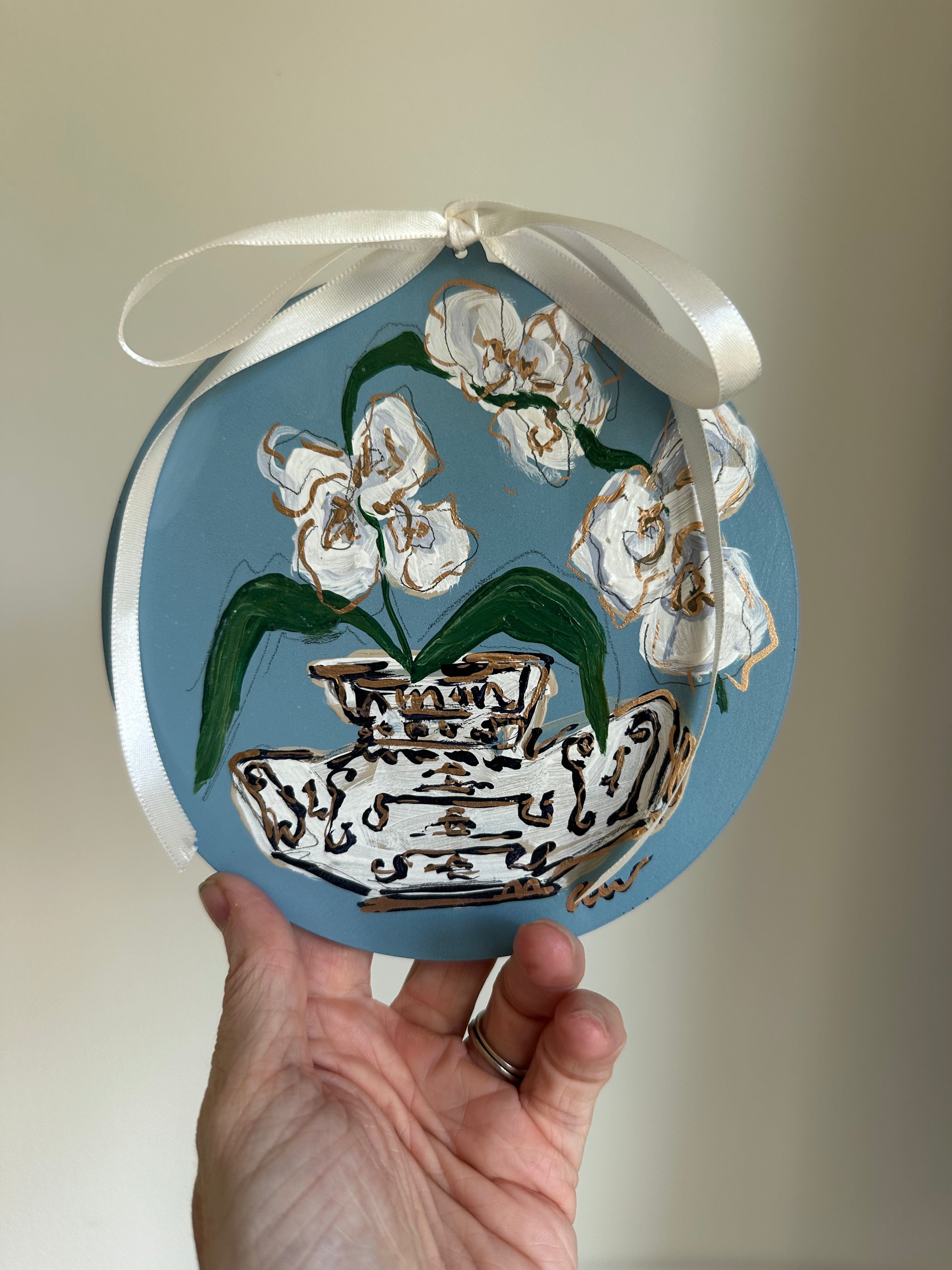 Hand-Painted Acrylic Orchid in Chinoiserie Ornament in Dusty Blue