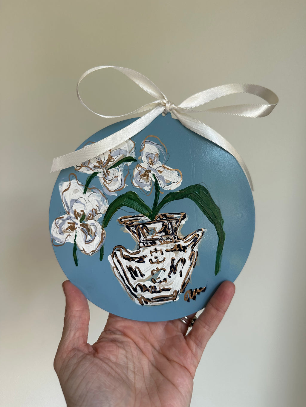Hand-Painted Acrylic Orchid in Chinoiserie Ornament in Dusty Blue