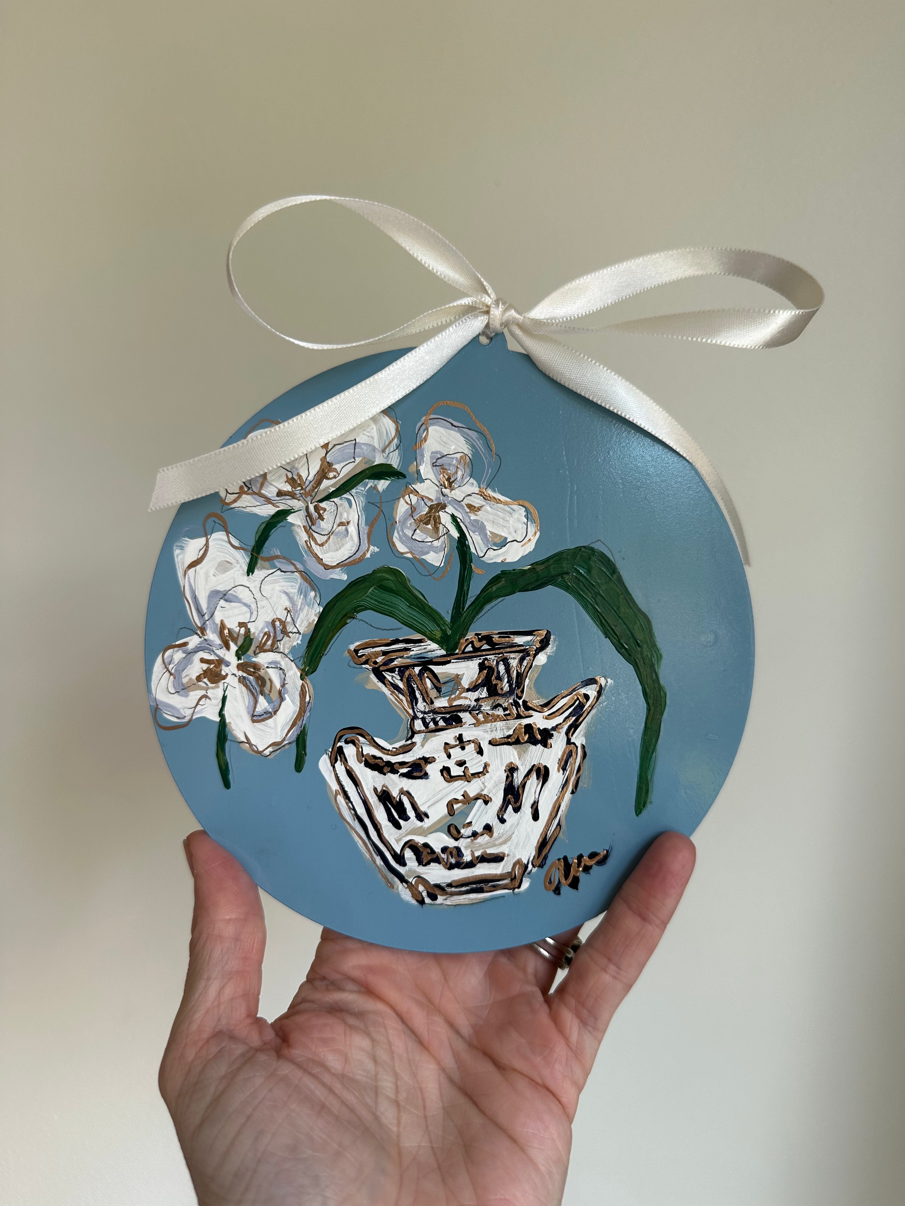 Hand-Painted Acrylic Orchid in Chinoiserie Ornament in Dusty Blue