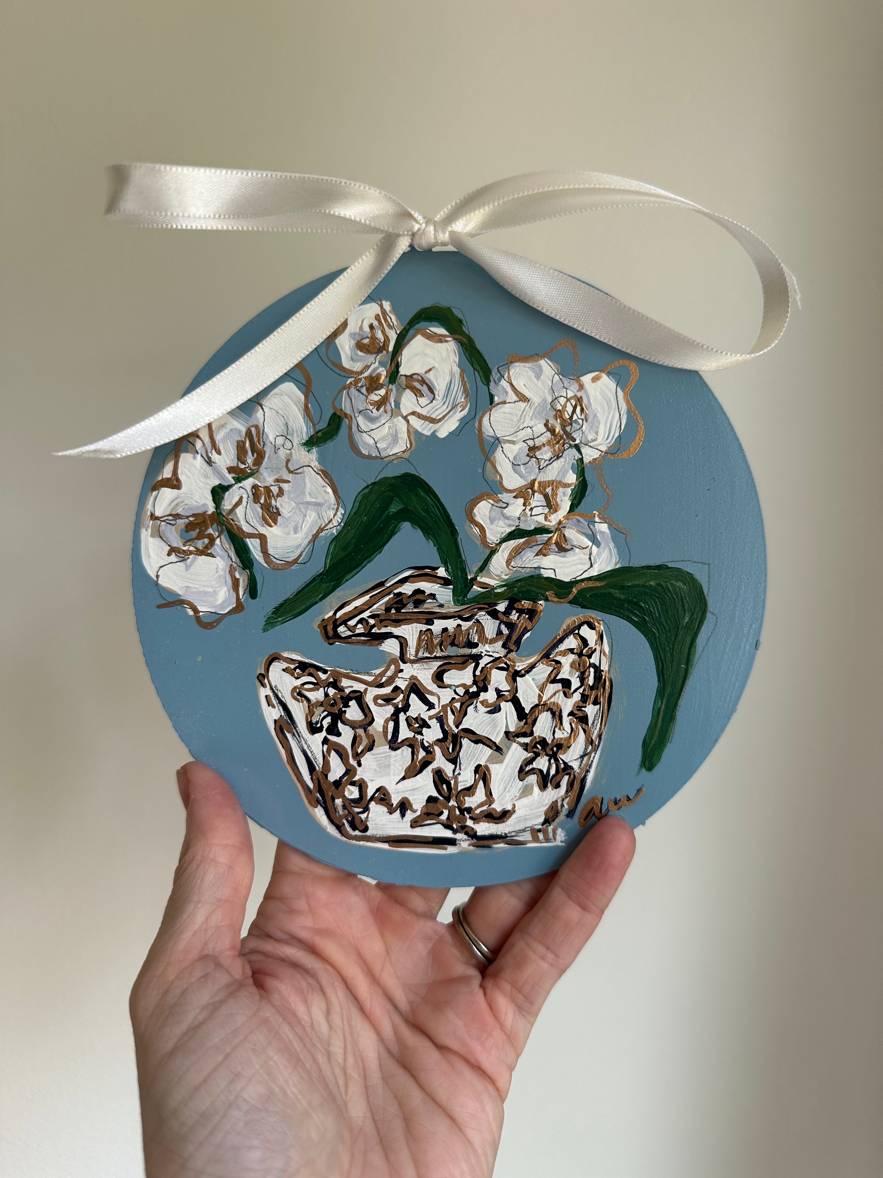 Hand-Painted Acrylic Orchid in Chinoiserie Ornament in Dusty Blue