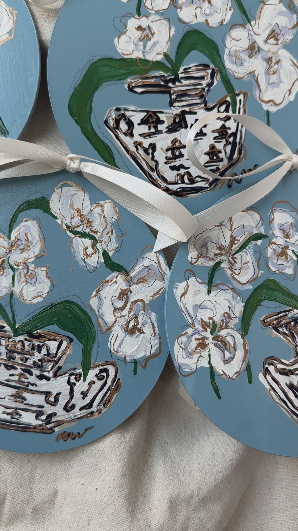 Hand-Painted Acrylic Orchid in Chinoiserie Ornament in Dusty Blue