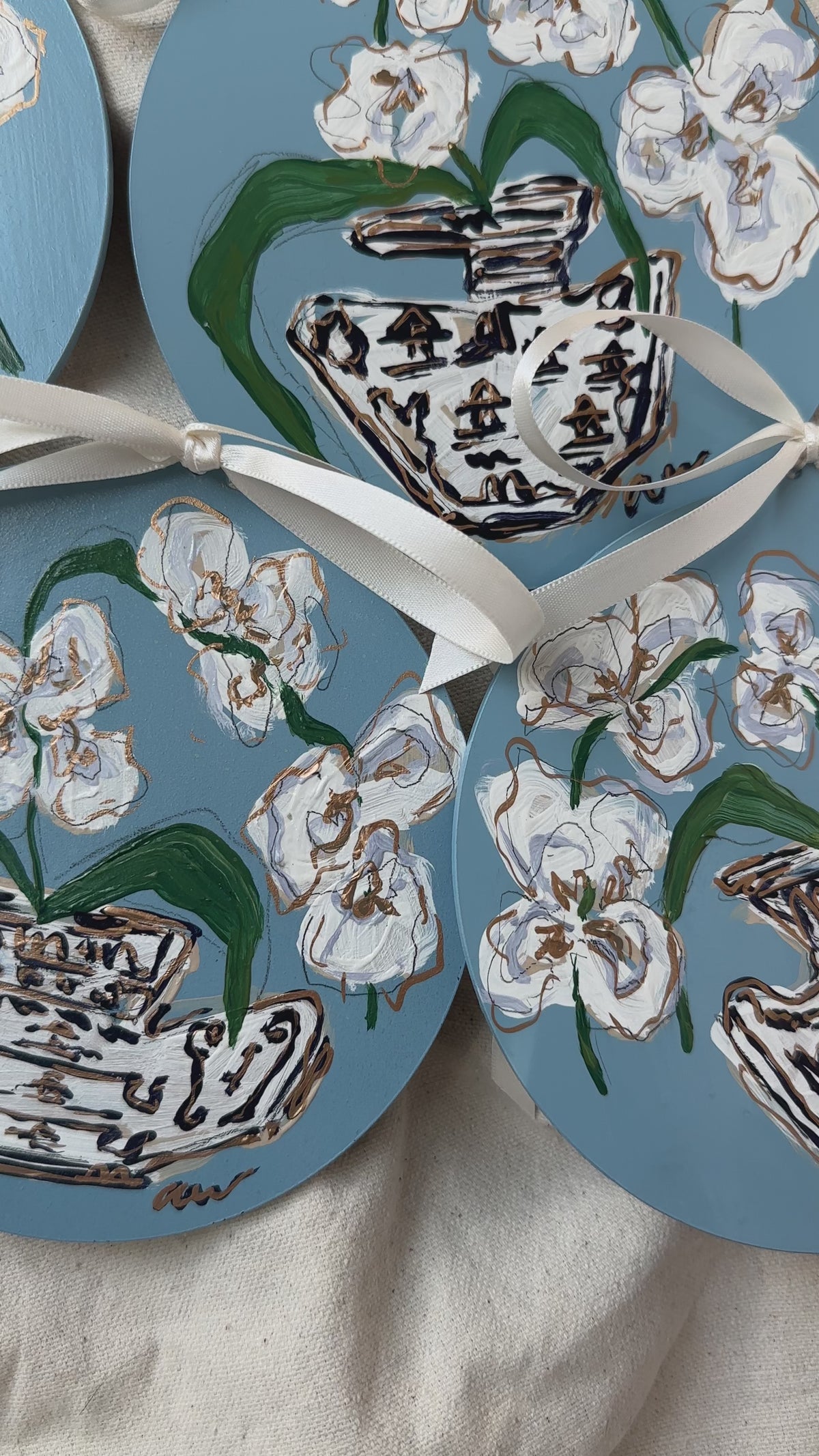 Hand-Painted Acrylic Orchid in Chinoiserie Ornament in Dusty Blue