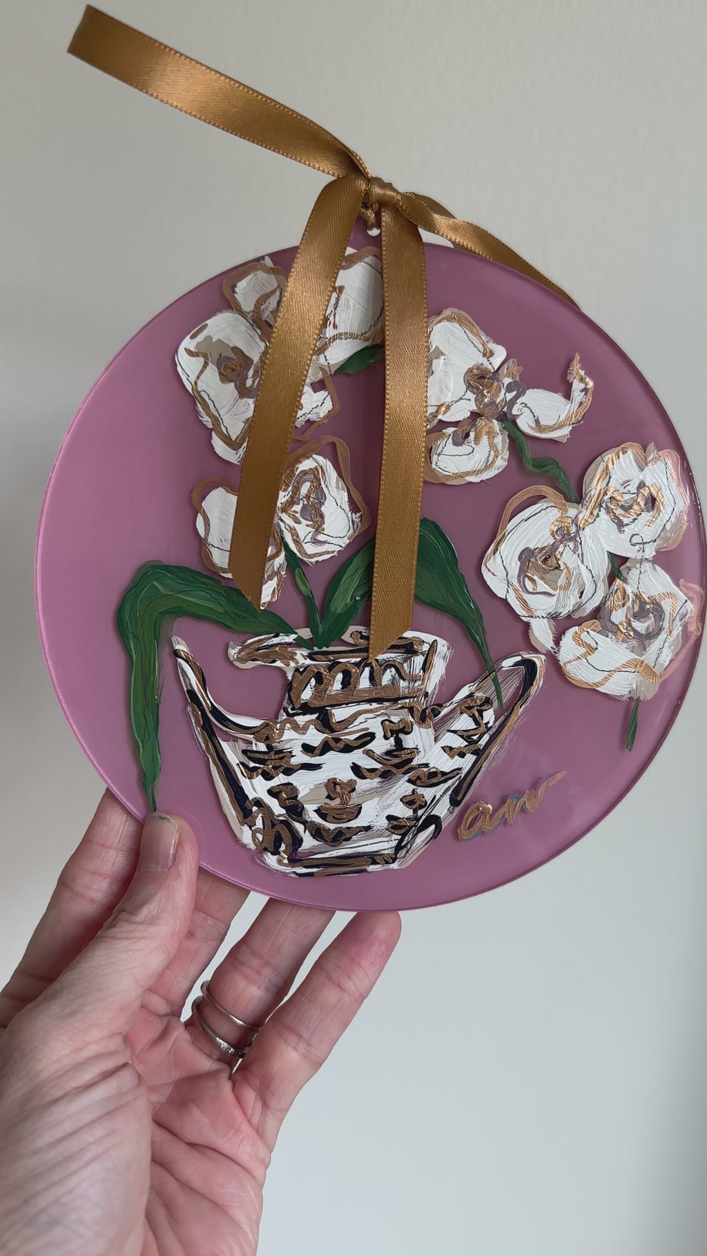 Hand-Painted Acrylic Orchid in Chinoiserie Ornament in Dusty Pink