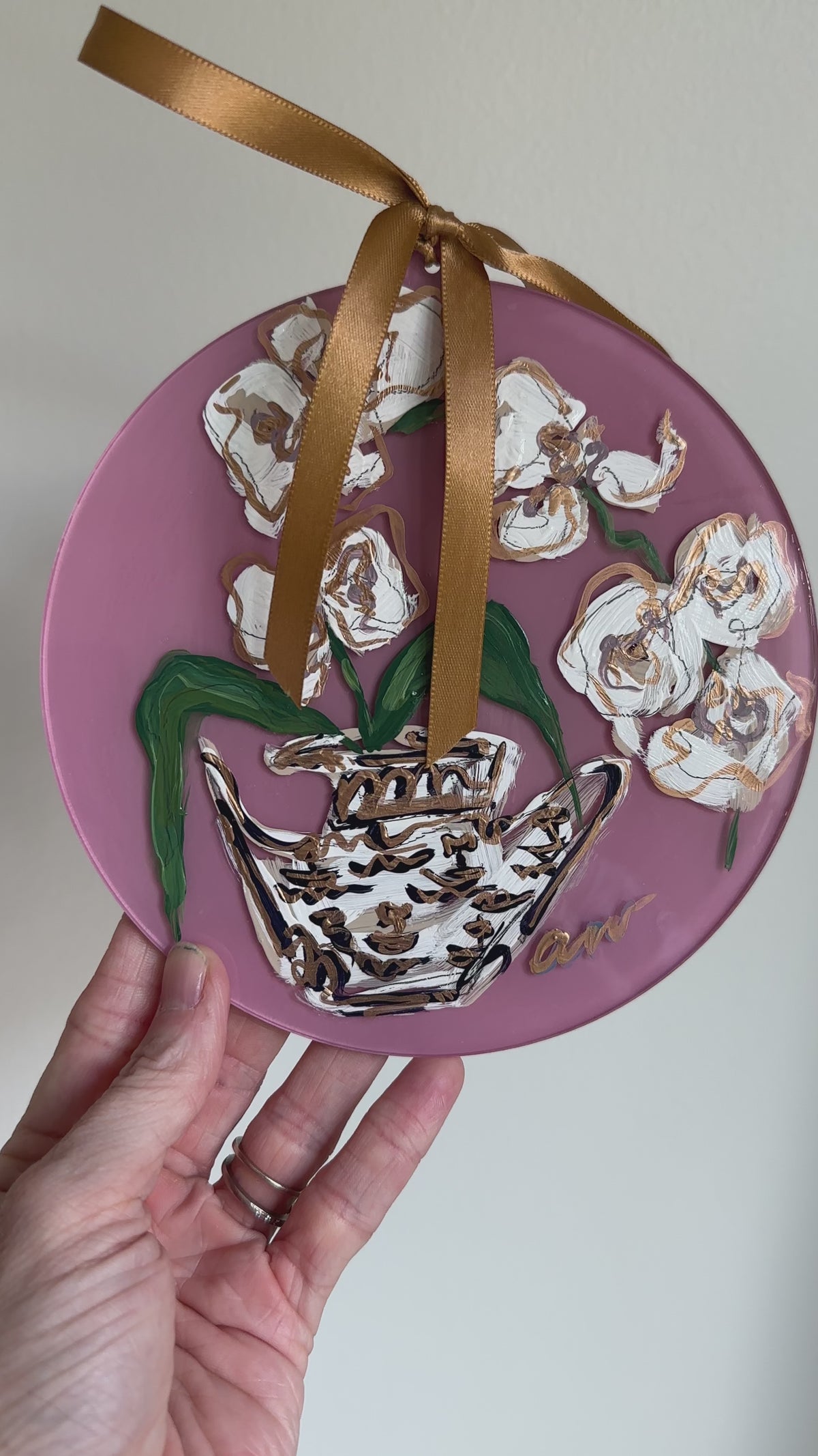 Hand-Painted Acrylic Orchid in Chinoiserie Ornament in Dusty Pink