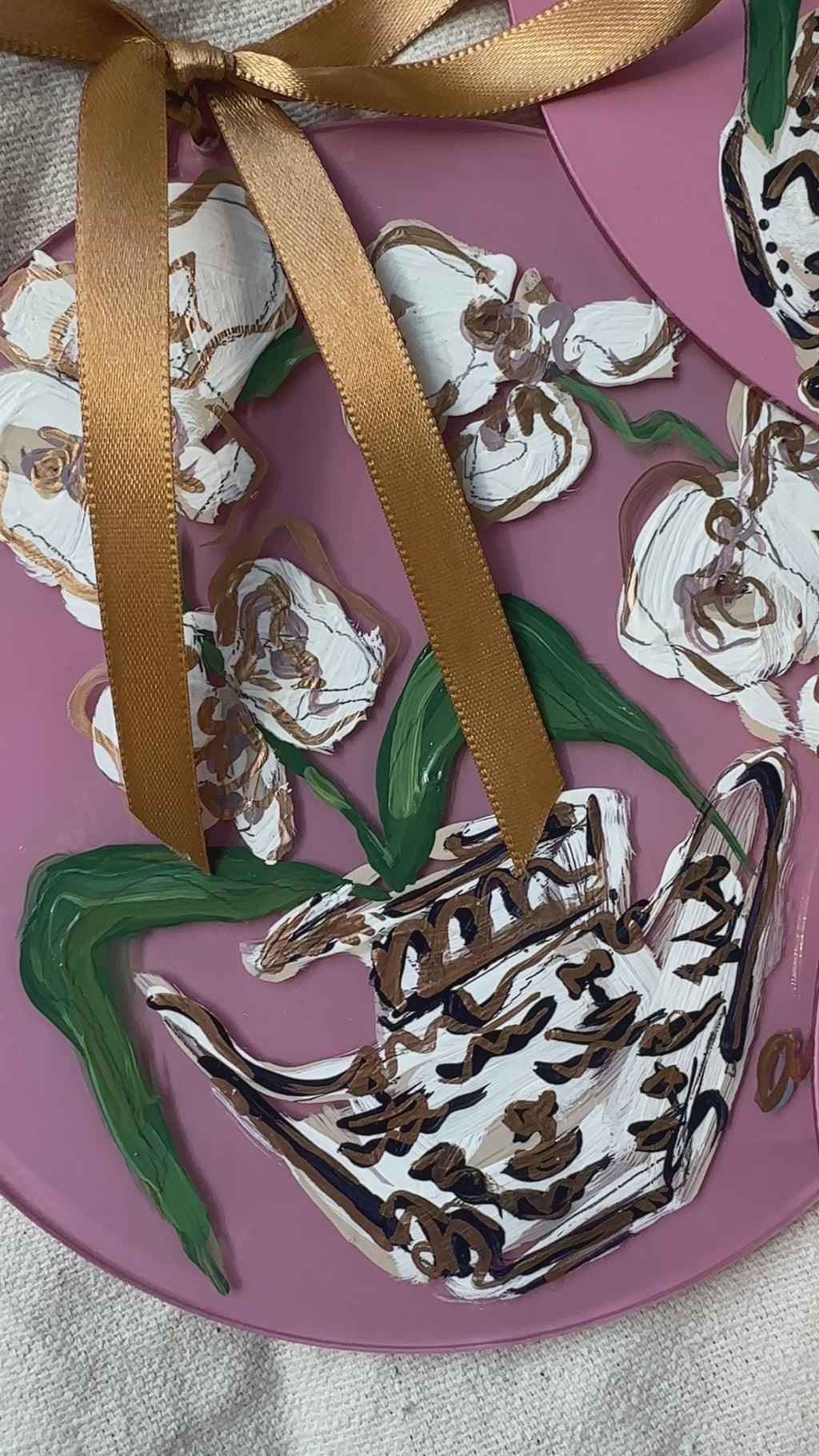 Hand-Painted Acrylic Orchid in Chinoiserie Ornament in Dusty Pink