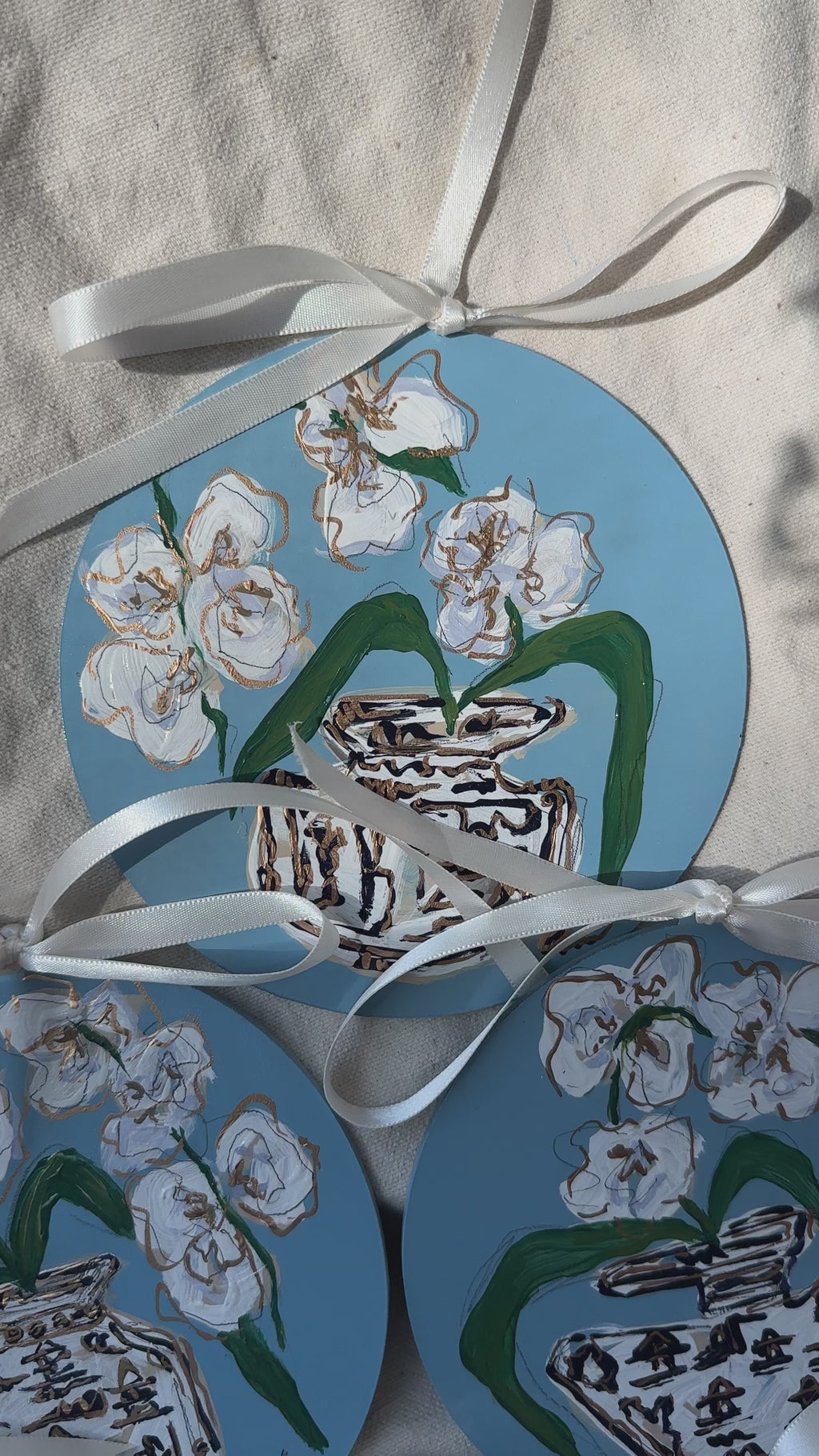 Hand-Painted Acrylic Orchid in Chinoiserie Ornament in Dusty Blue