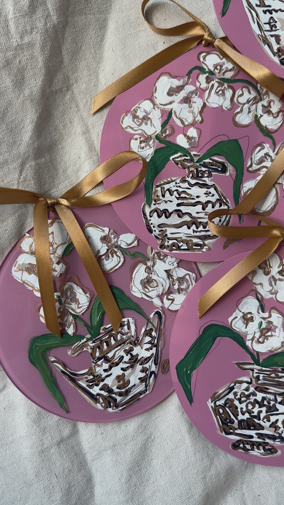 Hand-Painted Acrylic Orchid in Chinoiserie Ornament in Dusty Pink