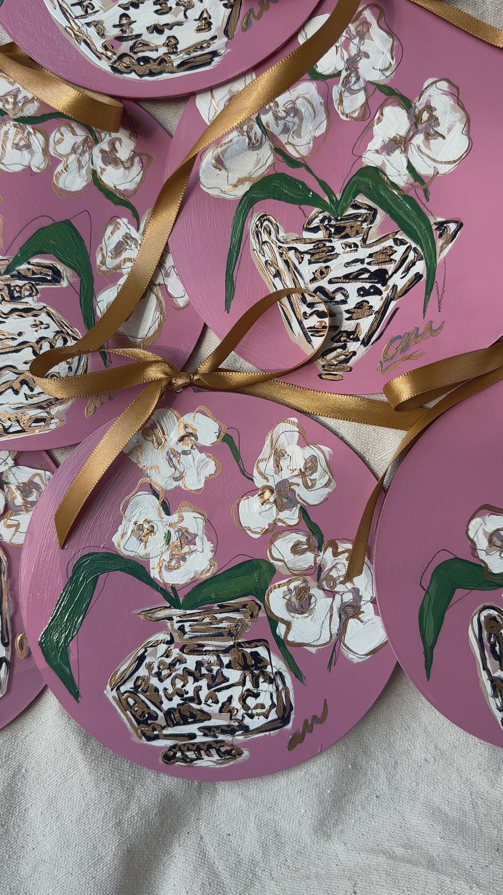 Hand-Painted Acrylic Orchid in Chinoiserie Ornament in Dusty Pink
