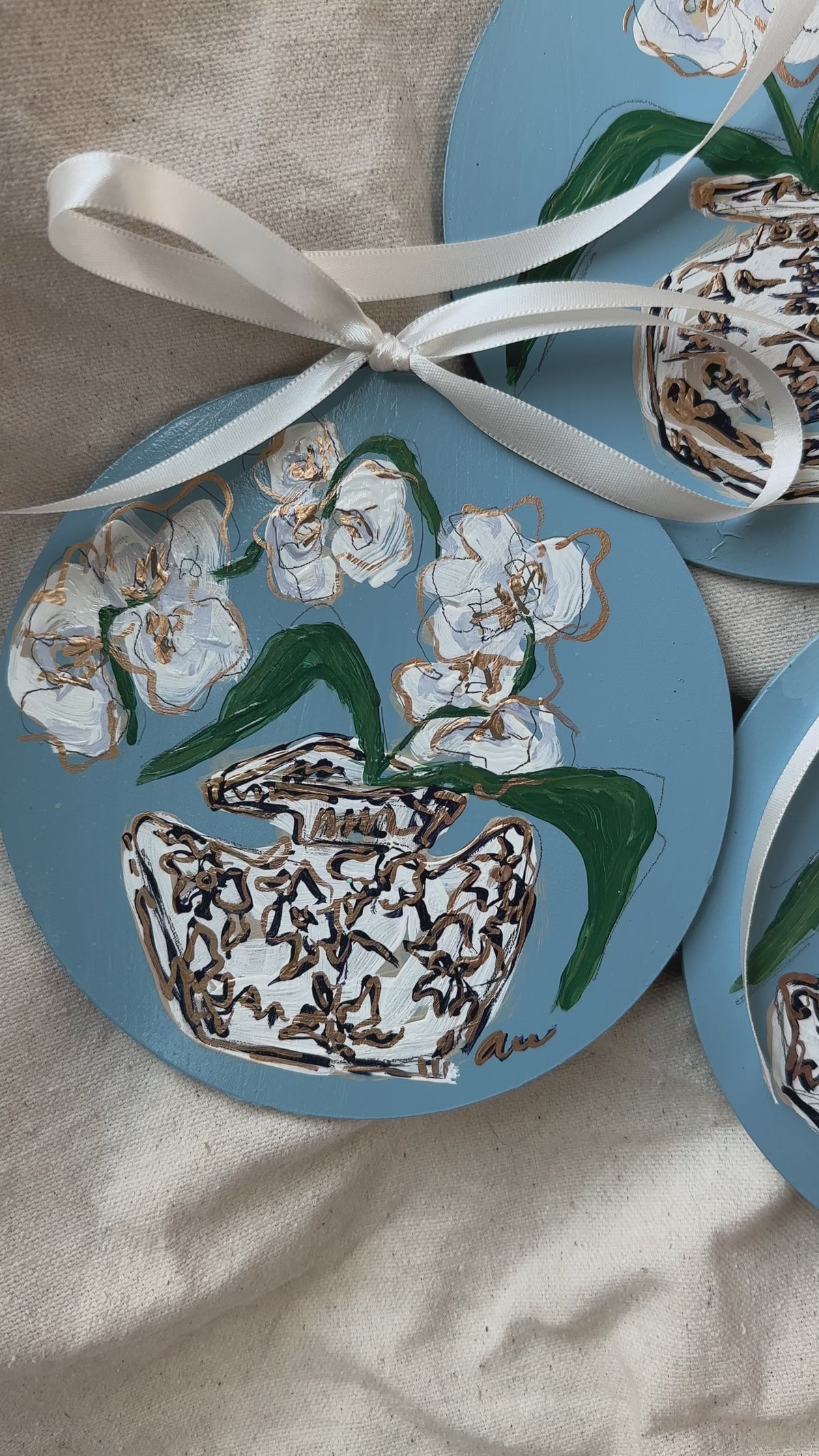Hand-Painted Acrylic Orchid in Chinoiserie Ornament in Dusty Blue